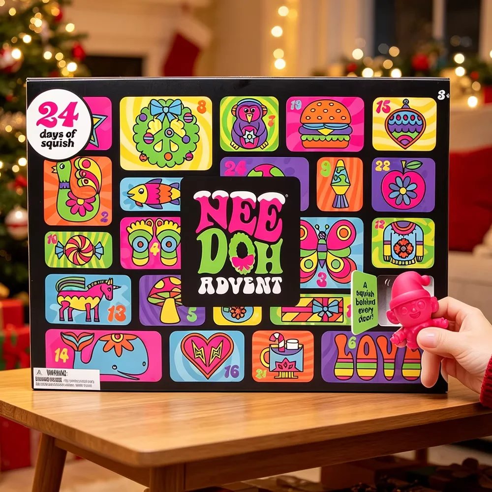 NeeDoh Countdown Advent Calendar with 24 numbered doors and a mini NeeDoh squishy beside it — Image 1 of 4