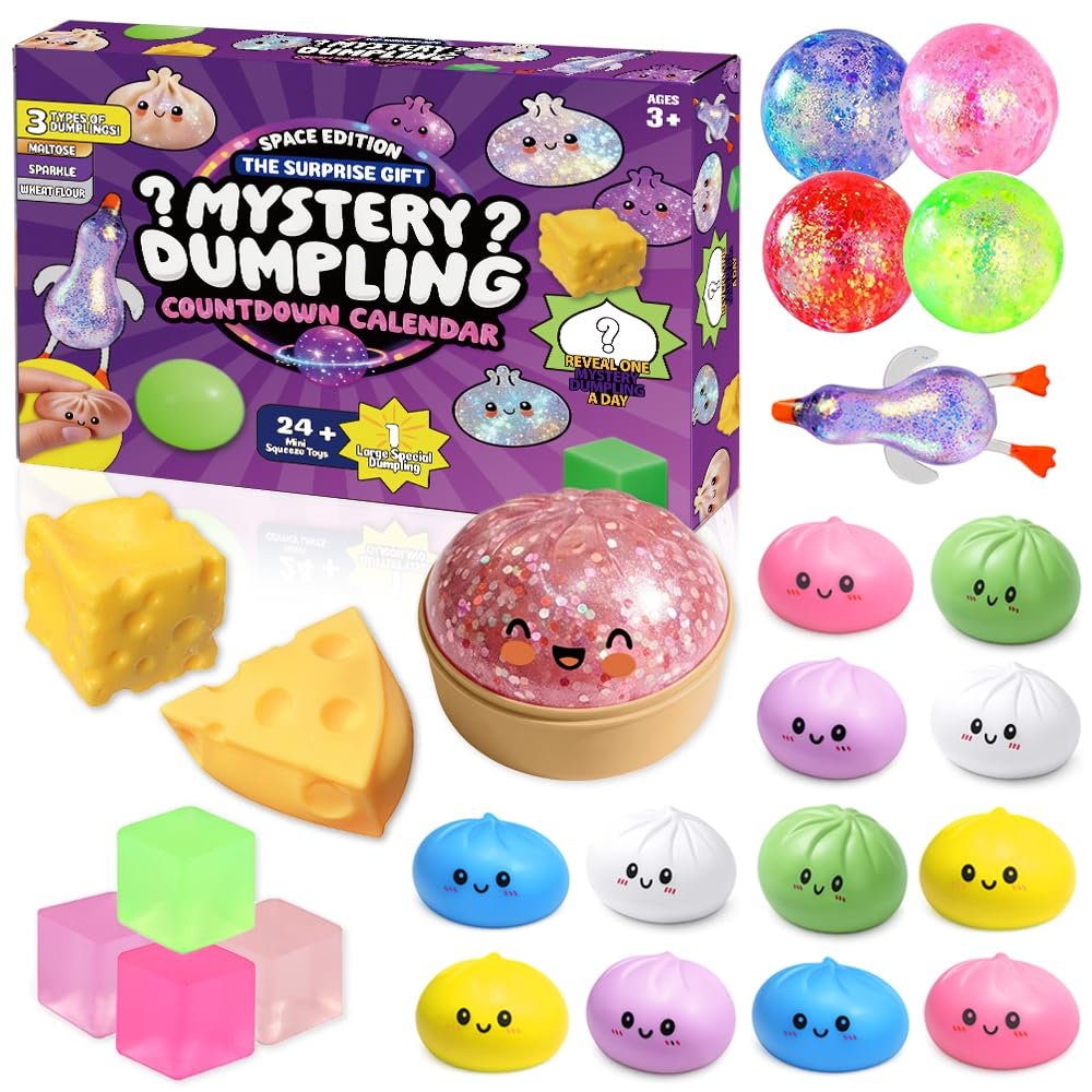 A closed NeeDoh Mystery Dumpling Squishy Advent Calendar with numbered doors, and a single soft bao bun squishy sitting in front — Image 1 of 14
