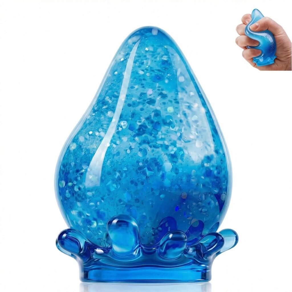 Blue giant NeeDoh Dream Drop raindrop squishy sitting on its clear splash-shaped display stand — Image 1 of 7