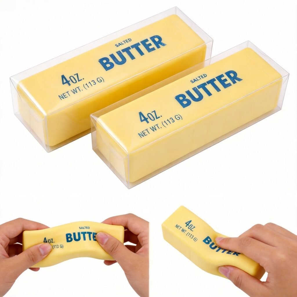 A NeeDoh Butter Squishy shaped like a realistic yellow block of butter, with a smooth surface and softly rounded edges — Image 1 of 12
