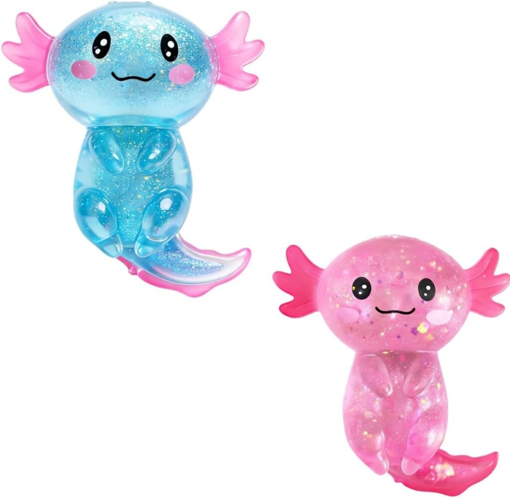 One pink and one blue glittery axolotl squishy sitting side by side, each with frilly gills and see-through bodies filled with glitter — Image 1 of 10