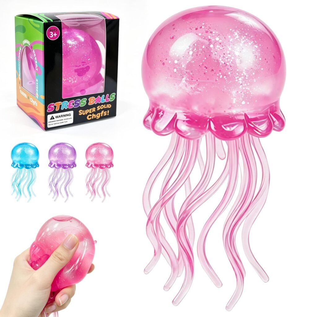 A NeeDoh JellySquish Sparkle Squishy held up to show the iridescent glitter dome and the wavy, floppy tentacles beneath it — Image 1 of 10